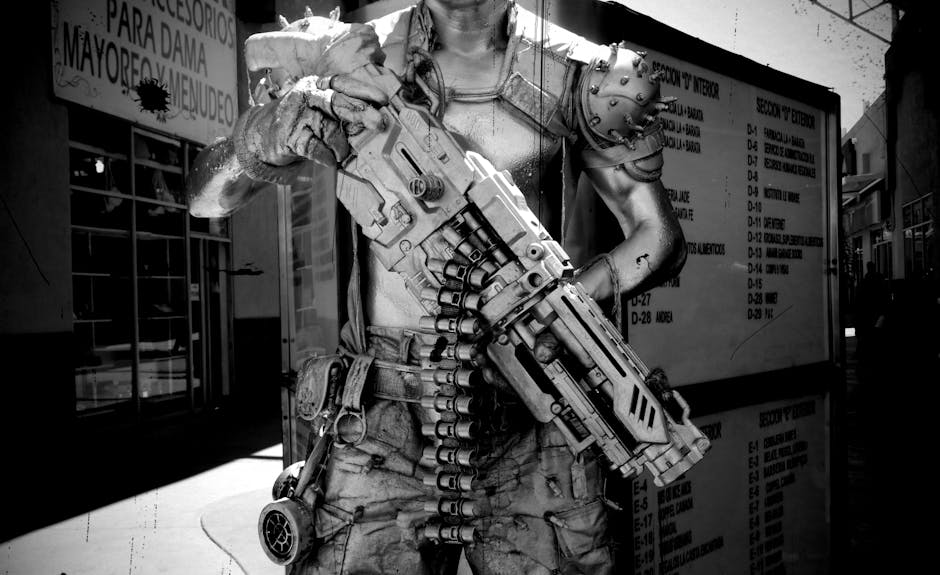 A black and white image of a cyberpunk soldier character in Tijuana, Mexico, holding a futuristic weapon.